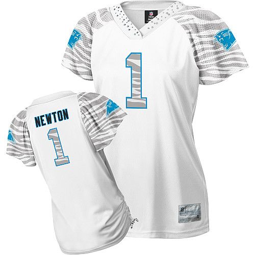 Panthers #1 Cam Newton White Women's Zebra Field Flirt Stitched NFL Jersey - Click Image to Close